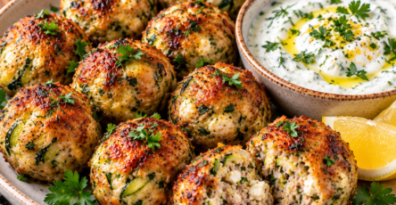 Boulettes dorées à la feta et courgette servies avec une sauce crémeuse au yaourt grec et citron, accompagnées d’herbes fraîches.