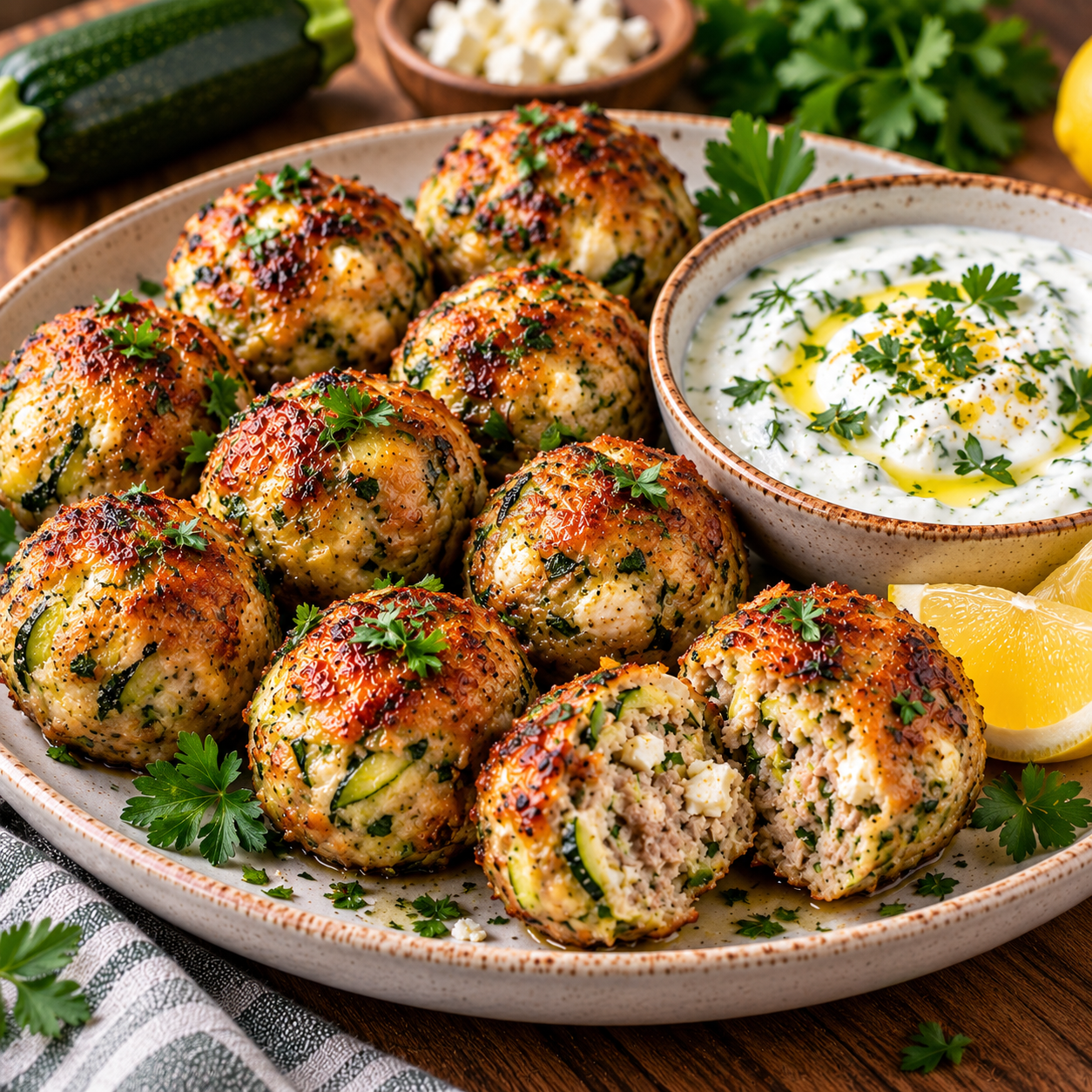 Boulettes dorées à la feta et courgette servies avec une sauce crémeuse au yaourt grec et citron, accompagnées d’herbes fraîches.