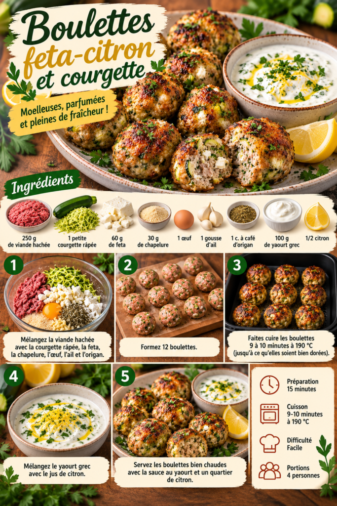 Boulettes dorées à la feta et courgette servies avec une sauce crémeuse au yaourt grec et citron, accompagnées d’herbes fraîches.