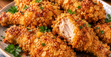 Morceaux de poulet croustillant cuits au four avec panure dorée aux corn-flakes, riz soufflé, paprika et ail en poudre.