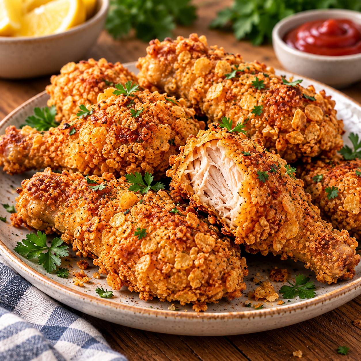 Morceaux de poulet croustillant cuits au four avec panure dorée aux corn-flakes, riz soufflé, paprika et ail en poudre.