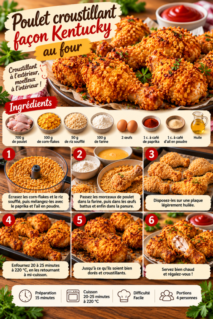 Morceaux de poulet croustillant cuits au four avec panure dorée aux corn-flakes, riz soufflé, paprika et ail en poudre.