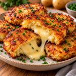 Galettes de pommes de terre dorées et croustillantes ouvertes en deux avec un cœur de fromage à raclette fondu et coulant.