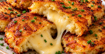 Galettes de pommes de terre dorées et croustillantes ouvertes en deux avec un cœur de fromage à raclette fondu et coulant.