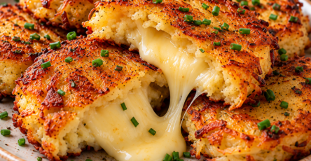 Galettes de pommes de terre dorées et croustillantes ouvertes en deux avec un cœur de fromage à raclette fondu et coulant.