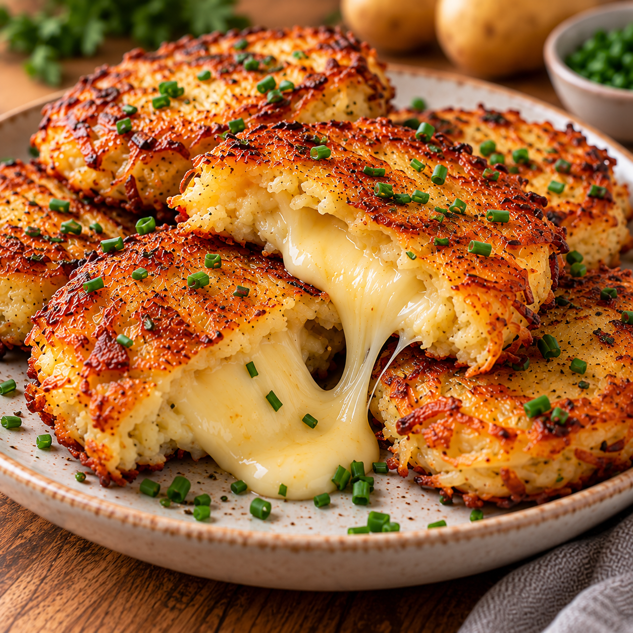 Galettes de pommes de terre dorées et croustillantes ouvertes en deux avec un cœur de fromage à raclette fondu et coulant.