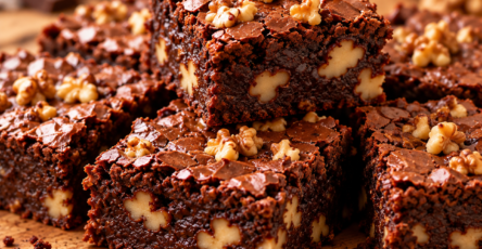 Brownie au chocolat fondant découpé en carrés, garni de noix croquantes et servi sur une planche en bois.