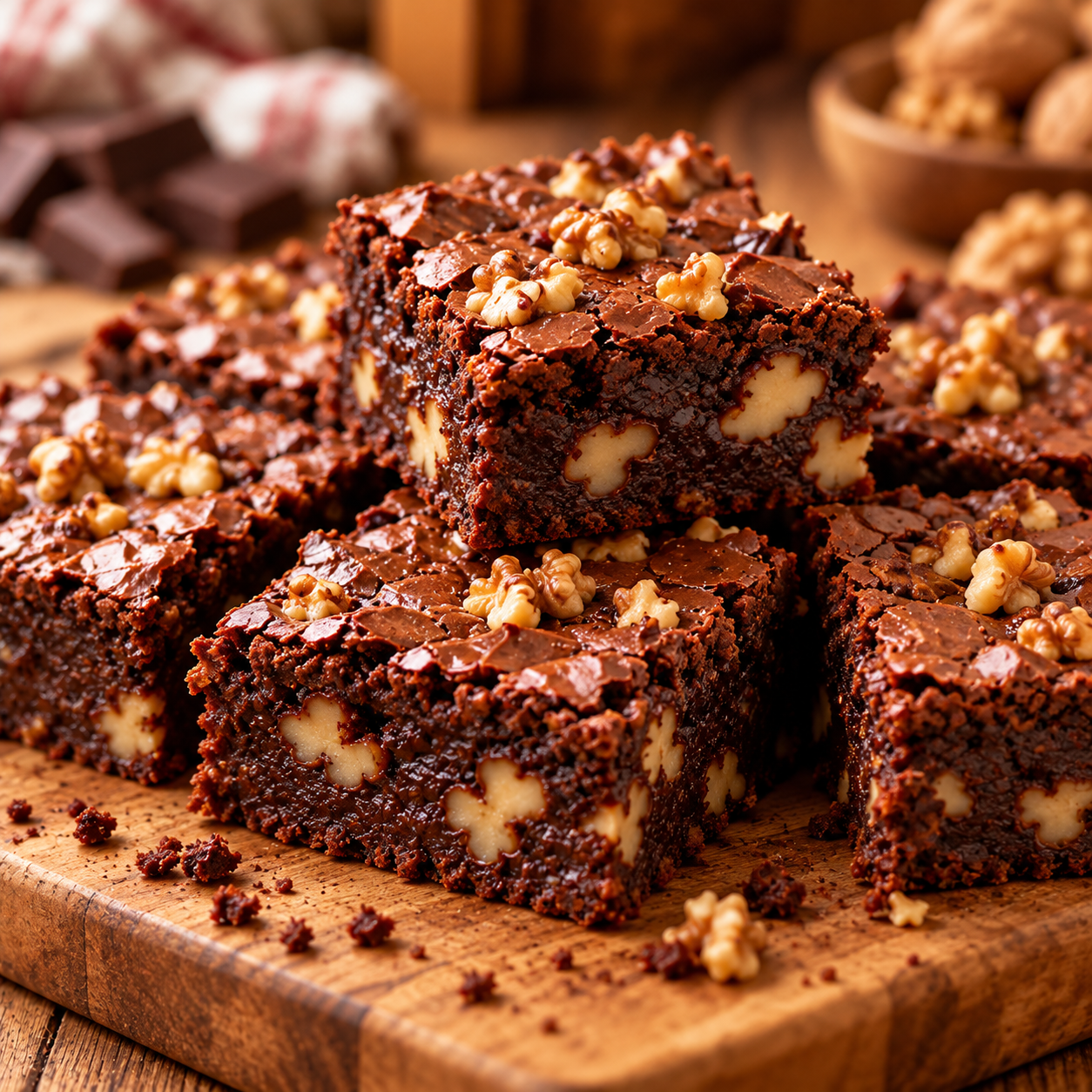 Brownie au chocolat fondant découpé en carrés, garni de noix croquantes et servi sur une planche en bois.