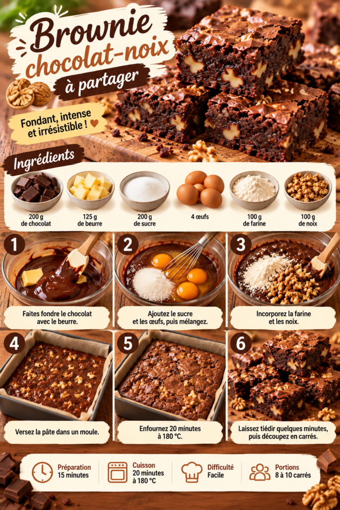 Brownie au chocolat fondant découpé en carrés, garni de noix croquantes et servi sur une planche en bois.