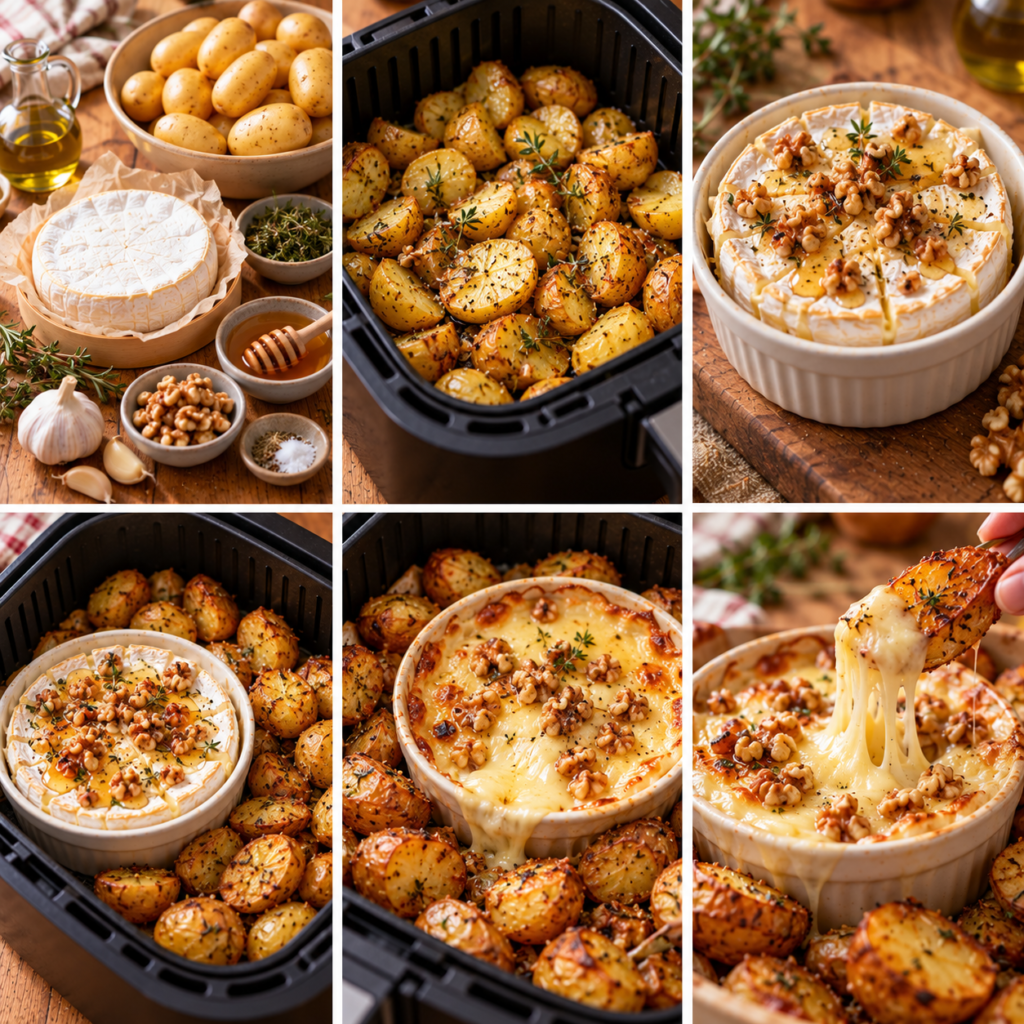 Camembert fondu servi avec pommes grenailles rôties à l’Air Fryer, noix croquantes, herbes et filet de miel.