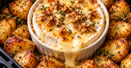 Camembert fondu servi avec pommes grenailles rôties à l’Air Fryer, noix croquantes, herbes et filet de miel.