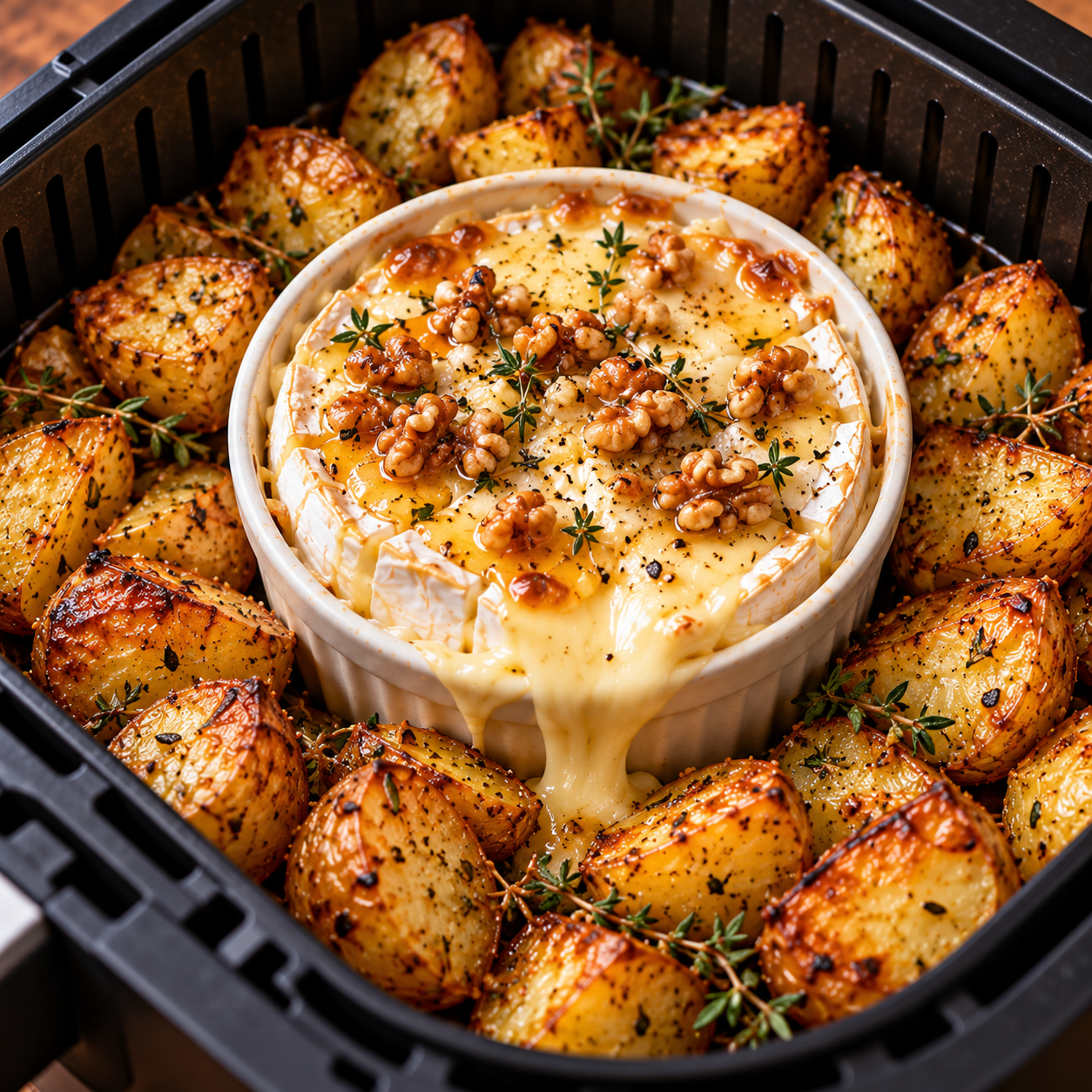 Camembert fondu servi avec pommes grenailles rôties à l’Air Fryer, noix croquantes, herbes et filet de miel.