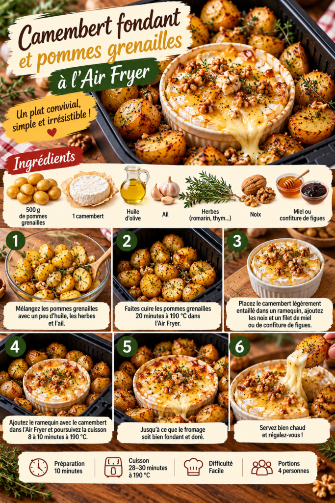 Camembert fondu servi avec pommes grenailles rôties à l’Air Fryer, noix croquantes, herbes et filet de miel.