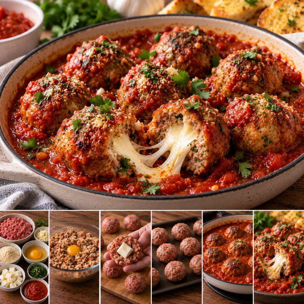 Boulettes de viande fourrées à la mozzarella fondante, mijotées dans une sauce marinara et garnies de persil frais, façon pain à l’ail.