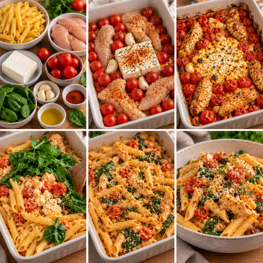 Pâtes crémeuses au poulet et à la feta rôtie, mélangées avec des tomates cerise fondantes, des épinards frais, de l’ail et du paprika.