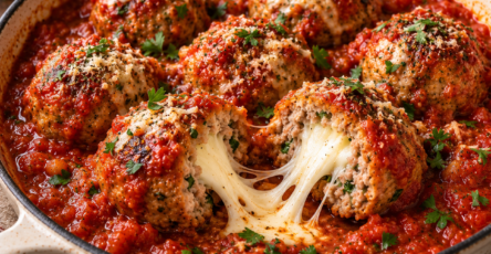 Boulettes de viande fourrées à la mozzarella fondante, mijotées dans une sauce marinara et garnies de persil frais, façon pain à l’ail.