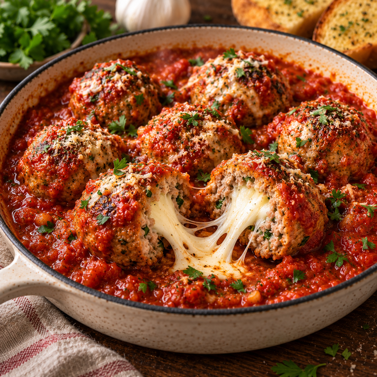 Boulettes de viande fourrées à la mozzarella fondante, mijotées dans une sauce marinara et garnies de persil frais, façon pain à l’ail.