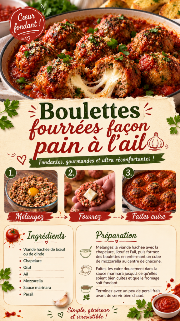 Boulettes de viande fourrées à la mozzarella fondante, mijotées dans une sauce marinara et garnies de persil frais, façon pain à l’ail.