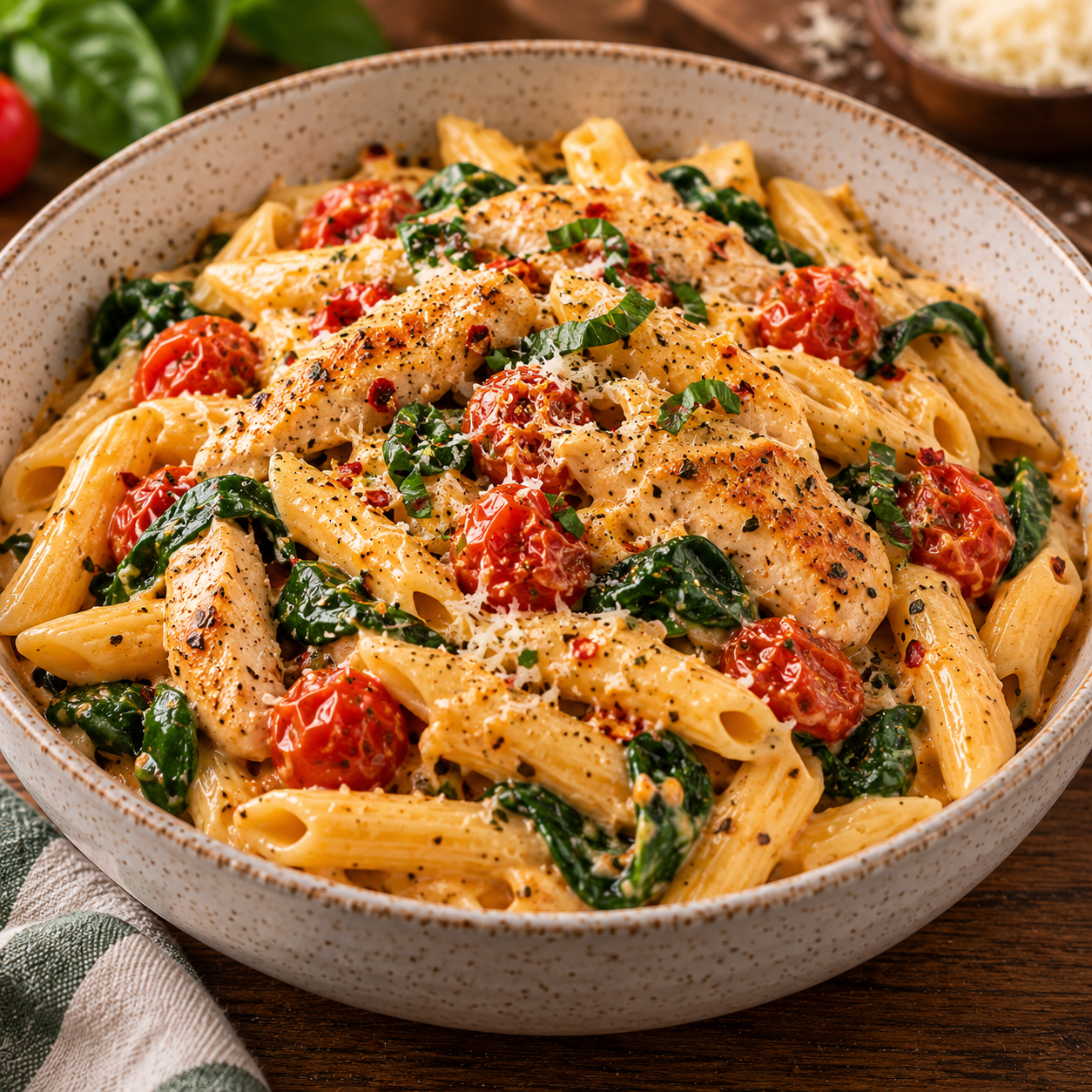 Pâtes crémeuses au poulet et à la feta rôtie, mélangées avec des tomates cerise fondantes, des épinards frais, de l’ail et du paprika.