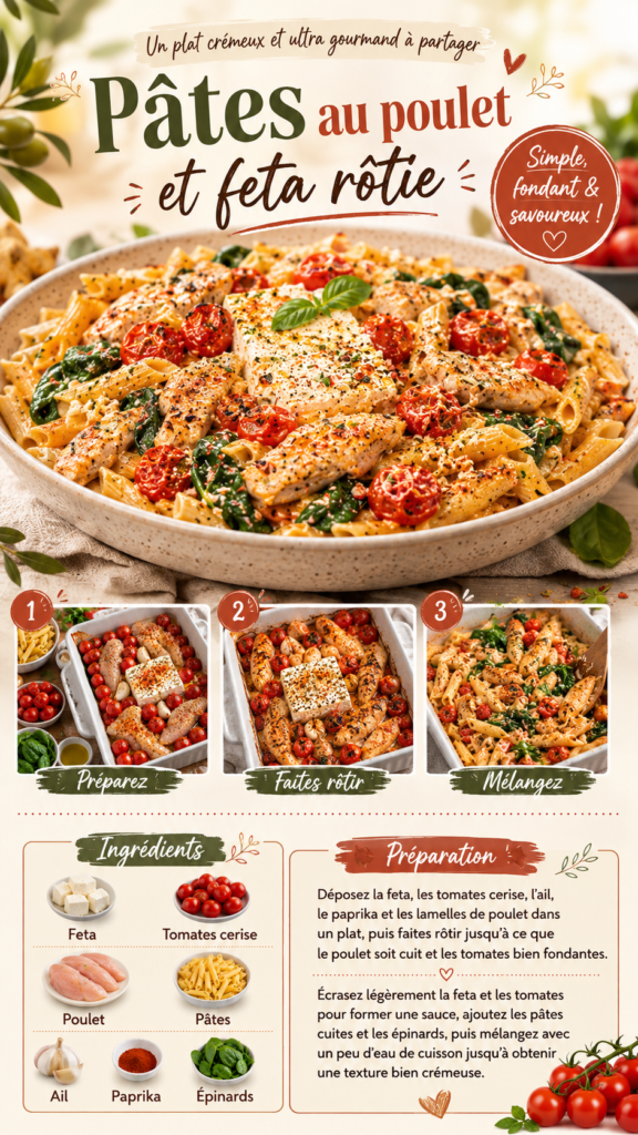 Pâtes crémeuses au poulet et à la feta rôtie, mélangées avec des tomates cerise fondantes, des épinards frais, de l’ail et du paprika.