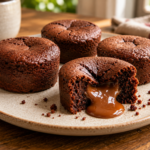 Moelleux individuel au chocolat noir ouvert à la cuillère, révélant un cœur coulant de confiture de lait, avec une texture fondante et chocolatée.