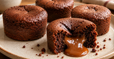 Moelleux individuel au chocolat noir ouvert à la cuillère, révélant un cœur coulant de confiture de lait, avec une texture fondante et chocolatée.