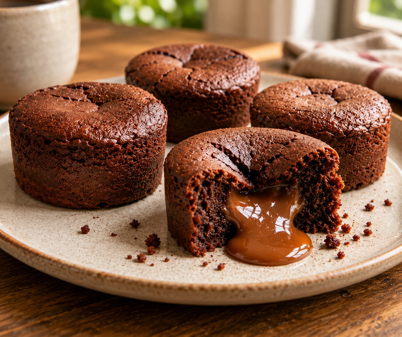 Moelleux individuel au chocolat noir ouvert à la cuillère, révélant un cœur coulant de confiture de lait, avec une texture fondante et chocolatée.