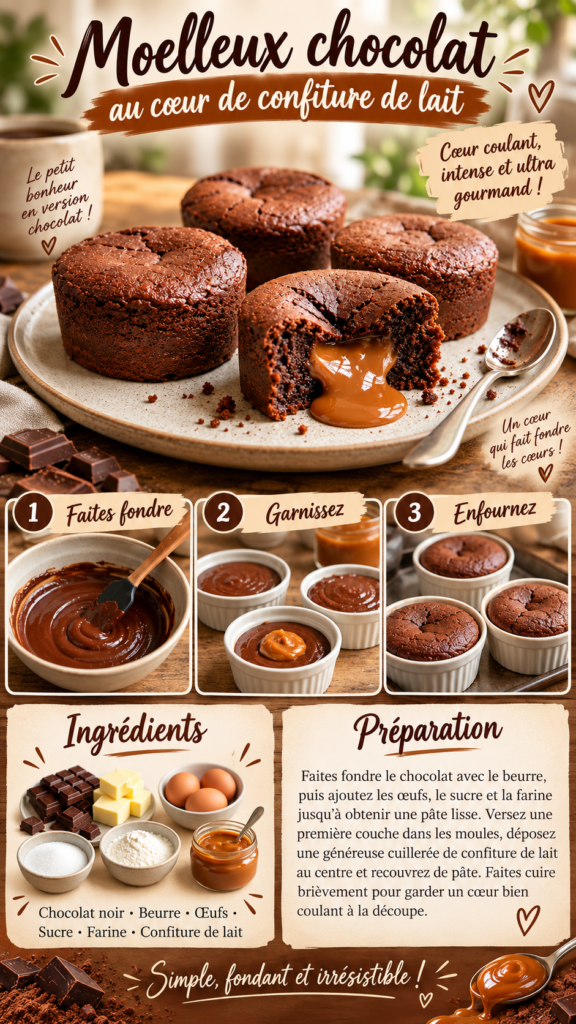 Moelleux individuel au chocolat noir ouvert à la cuillère, révélant un cœur coulant de confiture de lait, avec une texture fondante et chocolatée.