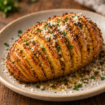 Pomme de terre accordéon rôtie au four, aux fines tranches croustillantes, garnie de beurre à l’ail, d’herbes et de parmesan gratiné.