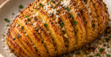 Pomme de terre accordéon rôtie au four, aux fines tranches croustillantes, garnie de beurre à l’ail, d’herbes et de parmesan gratiné.