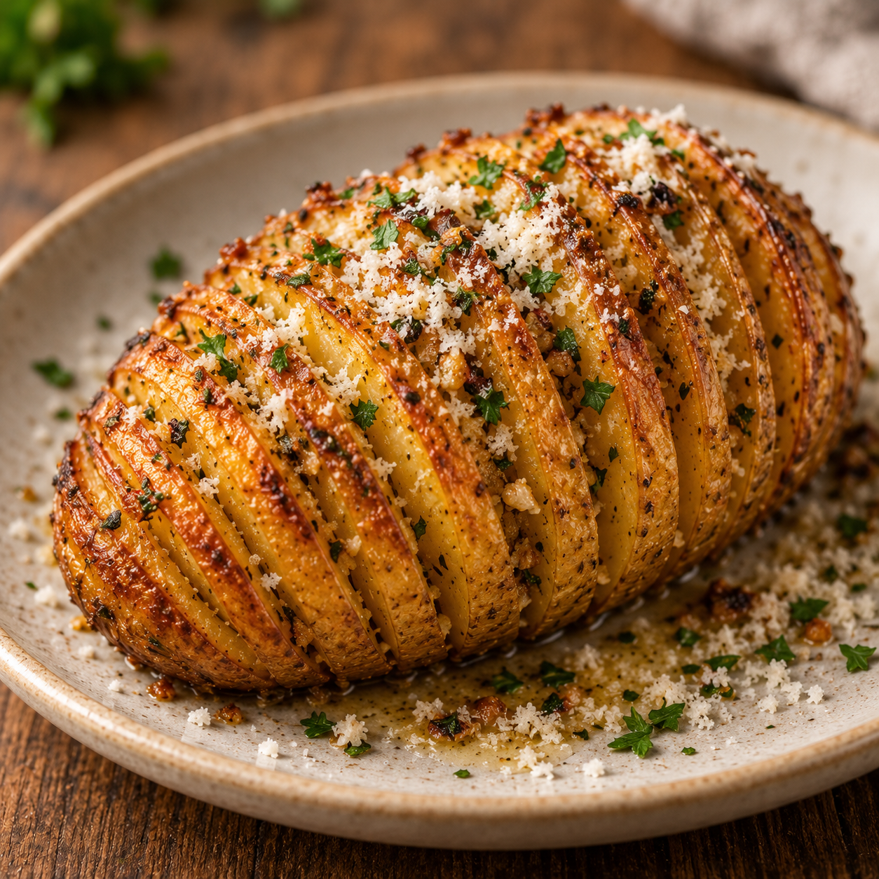 Pomme de terre accordéon rôtie au four, aux fines tranches croustillantes, garnie de beurre à l’ail, d’herbes et de parmesan gratiné.