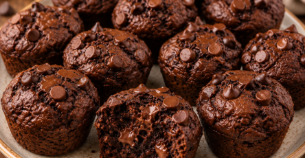Mini bouchées brownie à la banane et au cacao, moelleuses au centre, garnies de pépites de chocolat et présentées pour un goûter de rentrée scolaire.