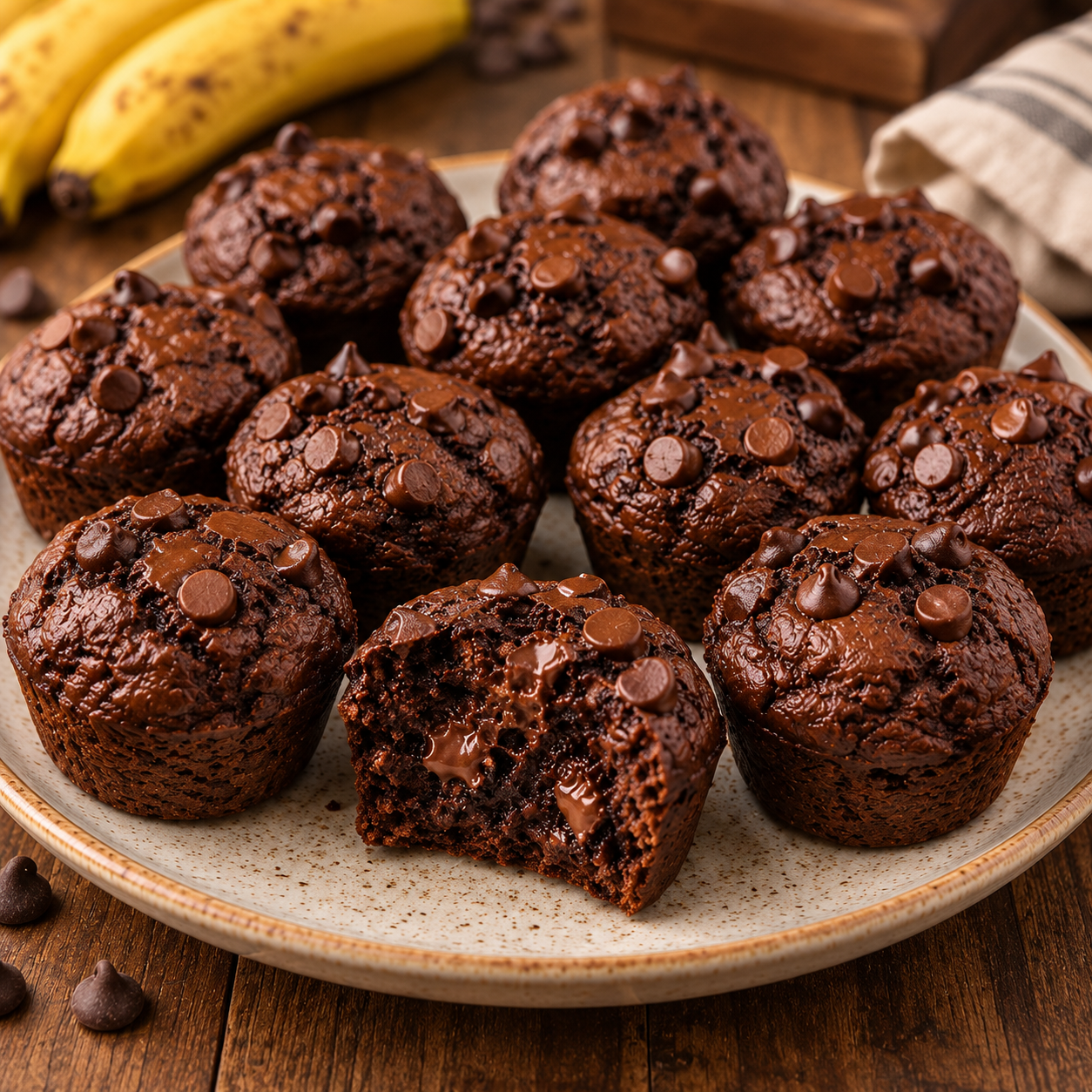 Mini bouchées brownie à la banane et au cacao, moelleuses au centre, garnies de pépites de chocolat et présentées pour un goûter de rentrée scolaire.
