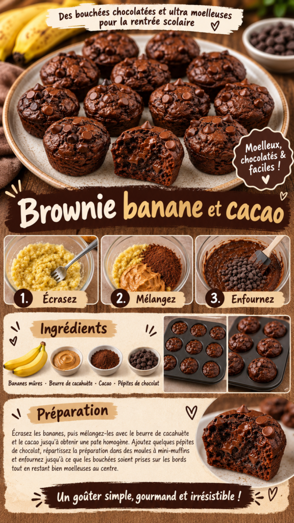 Mini bouchées brownie à la banane et au cacao, moelleuses au centre, garnies de pépites de chocolat et présentées pour un goûter de rentrée scolaire.