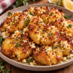 Petites pommes de terre rôties au four sur une croûte de feta dorée, garnies d’un filet de miel, d’origan et de quelques gouttes de citron frais.