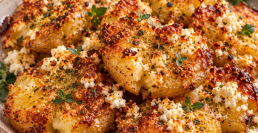 Petites pommes de terre rôties au four sur une croûte de feta dorée, garnies d’un filet de miel, d’origan et de quelques gouttes de citron frais.