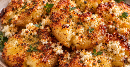 Petites pommes de terre rôties au four sur une croûte de feta dorée, garnies d’un filet de miel, d’origan et de quelques gouttes de citron frais.
