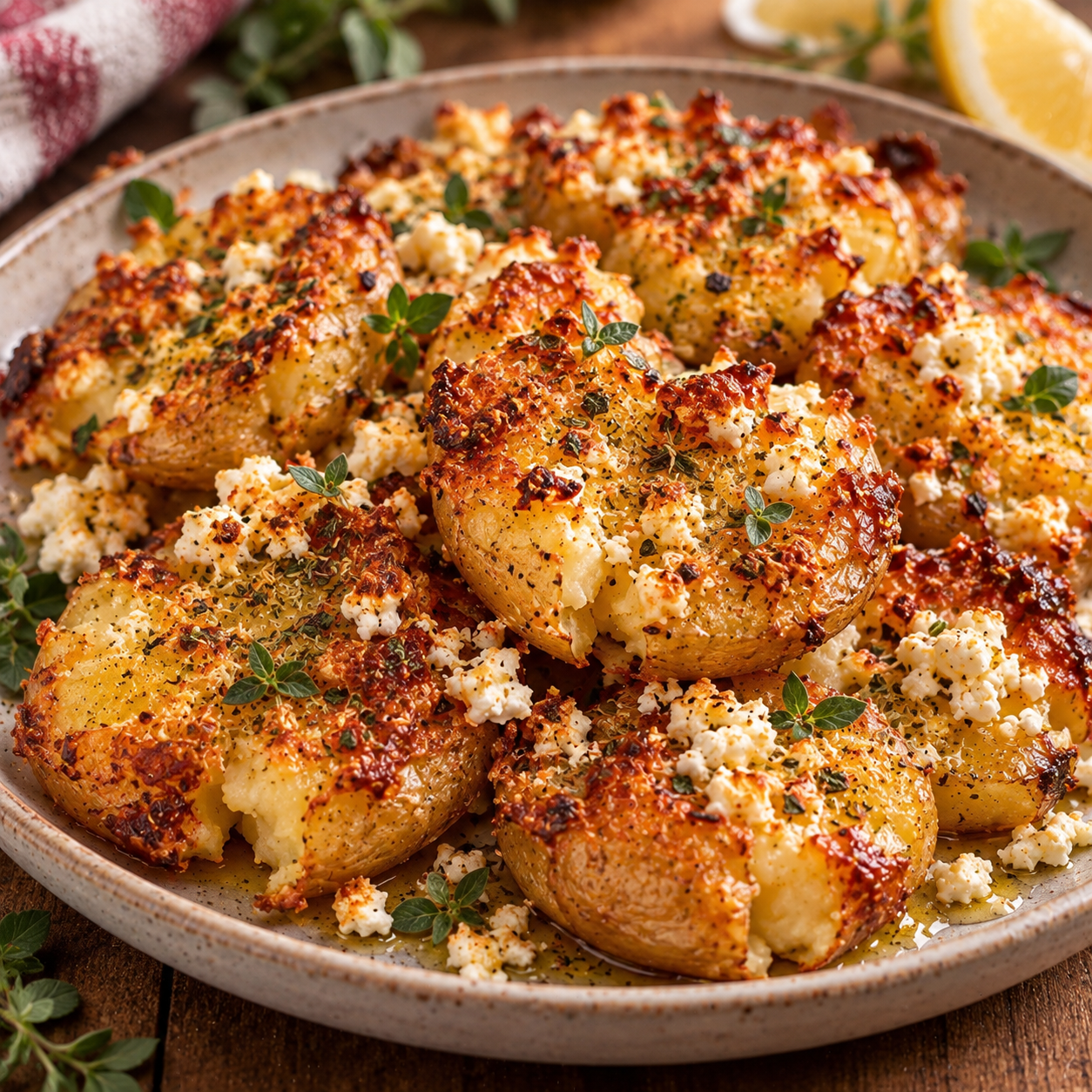 Petites pommes de terre rôties au four sur une croûte de feta dorée, garnies d’un filet de miel, d’origan et de quelques gouttes de citron frais.