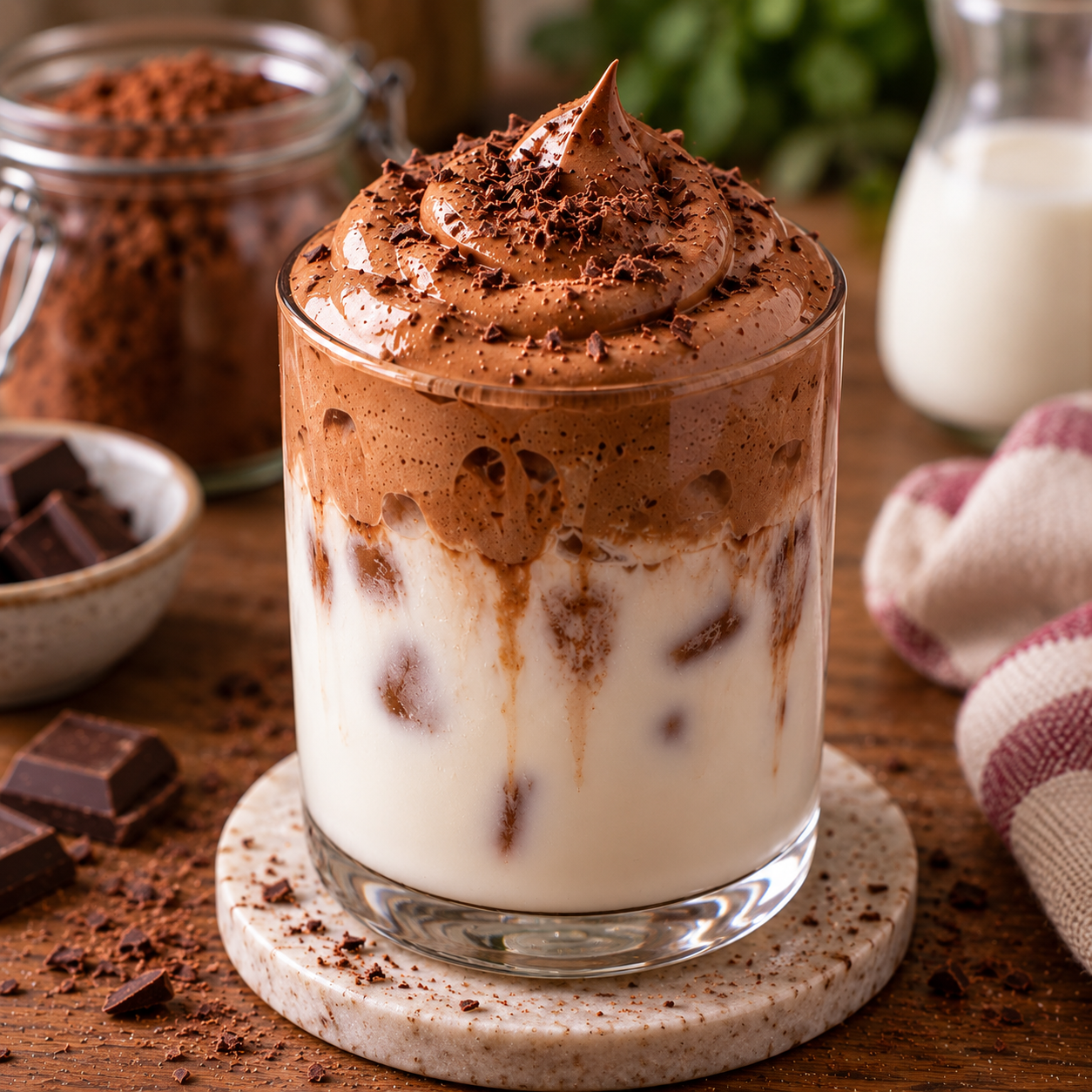 Verre de lait chocolat fouetté servi avec des glaçons, surmonté d’une mousse aérienne au cacao et au sucre, pour une boisson fraîche et crémeuse.