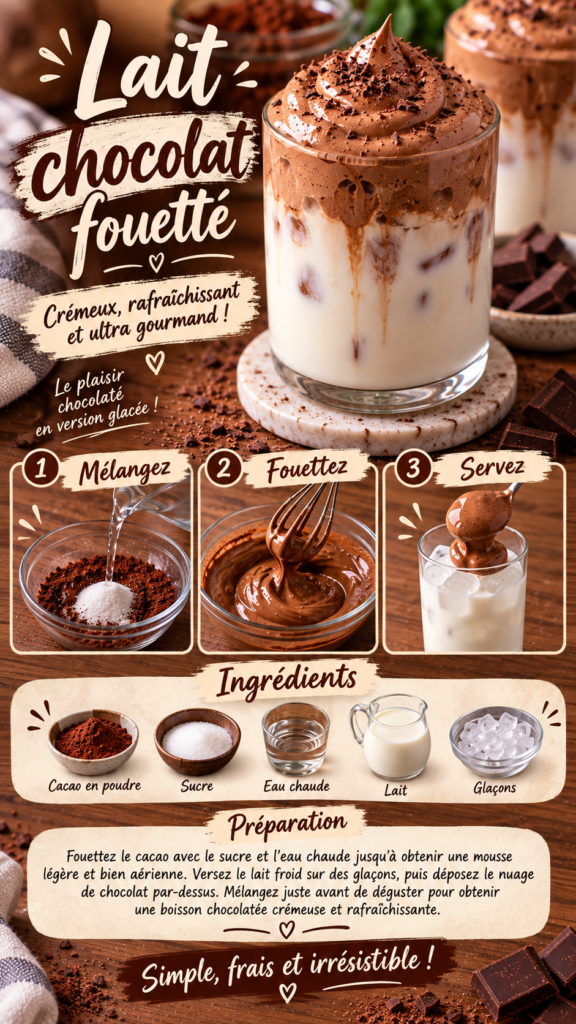 Verre de lait chocolat fouetté servi avec des glaçons, surmonté d’une mousse aérienne au cacao et au sucre, pour une boisson fraîche et crémeuse.