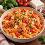 One-pot pasta crémeux à la tomate et à la feta, avec tomates cerises fondantes, ail et feuilles de basilic frais dans une grande casserole.