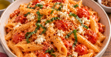 One-pot pasta crémeux à la tomate et à la feta, avec tomates cerises fondantes, ail et feuilles de basilic frais dans une grande casserole.