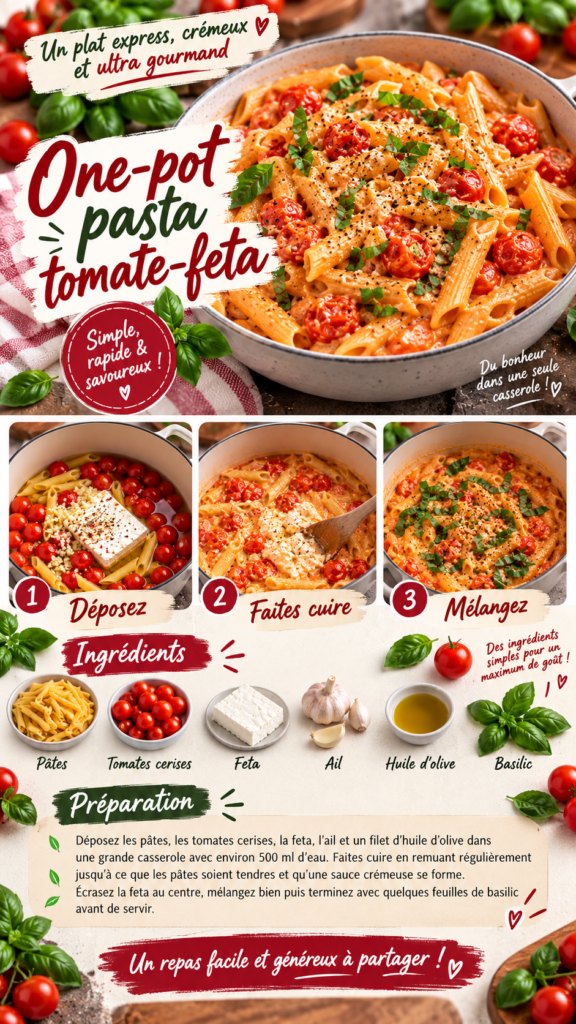 One-pot pasta crémeux à la tomate et à la feta, avec tomates cerises fondantes, ail et feuilles de basilic frais dans une grande casserole.