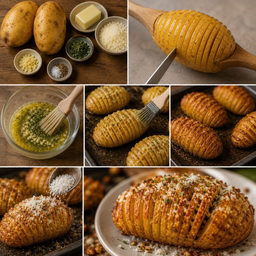 Pomme de terre accordéon rôtie au four, aux fines tranches croustillantes, garnie de beurre à l’ail, d’herbes et de parmesan gratiné.