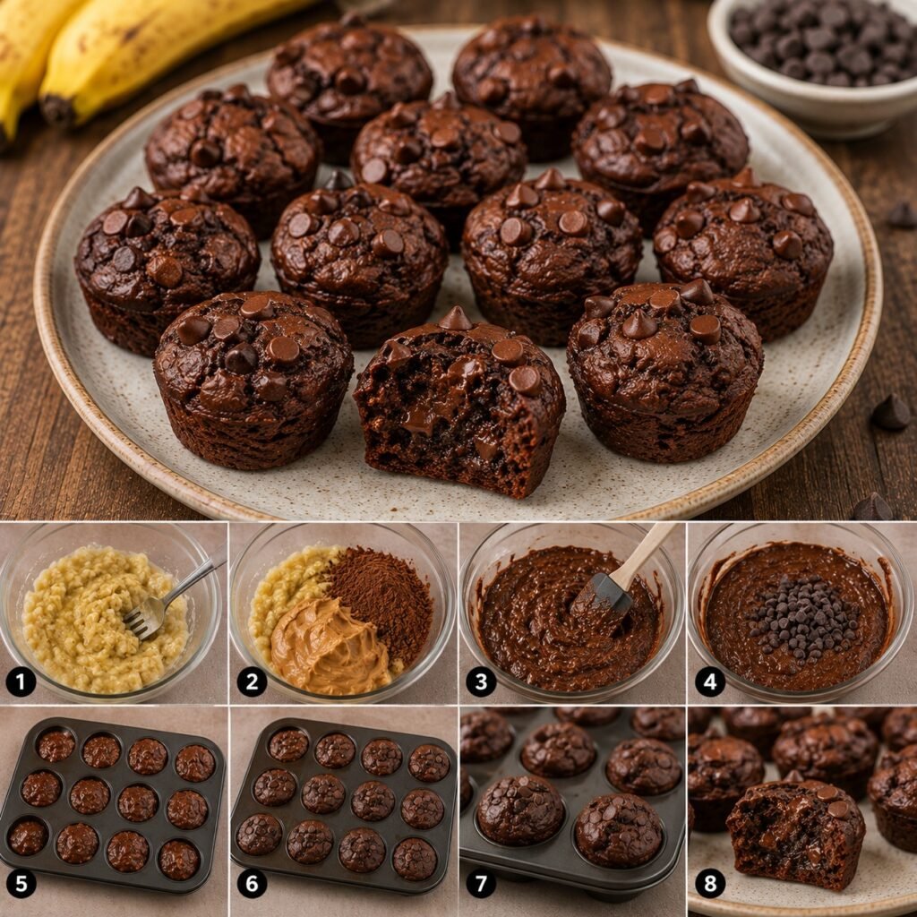 Mini bouchées brownie à la banane et au cacao, moelleuses au centre, garnies de pépites de chocolat et présentées pour un goûter de rentrée scolaire.