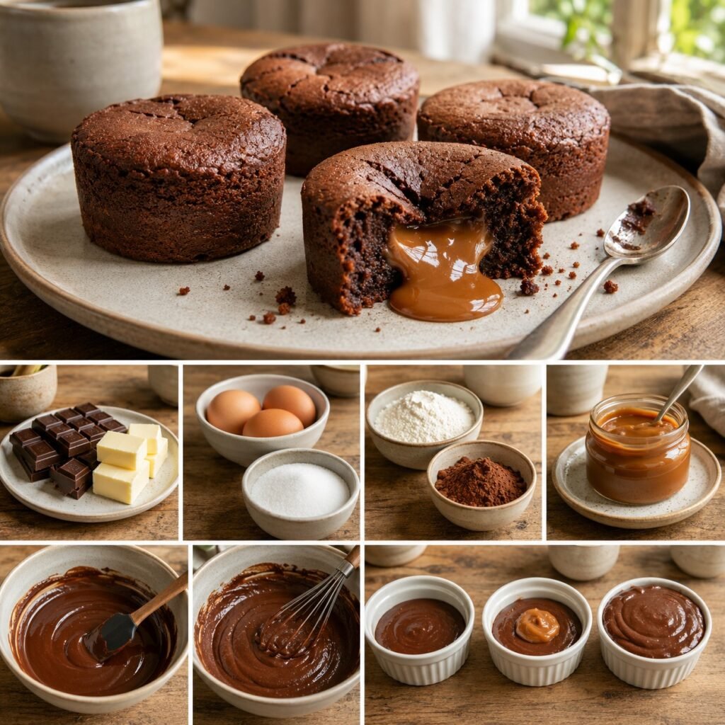 Moelleux individuel au chocolat noir ouvert à la cuillère, révélant un cœur coulant de confiture de lait, avec une texture fondante et chocolatée.