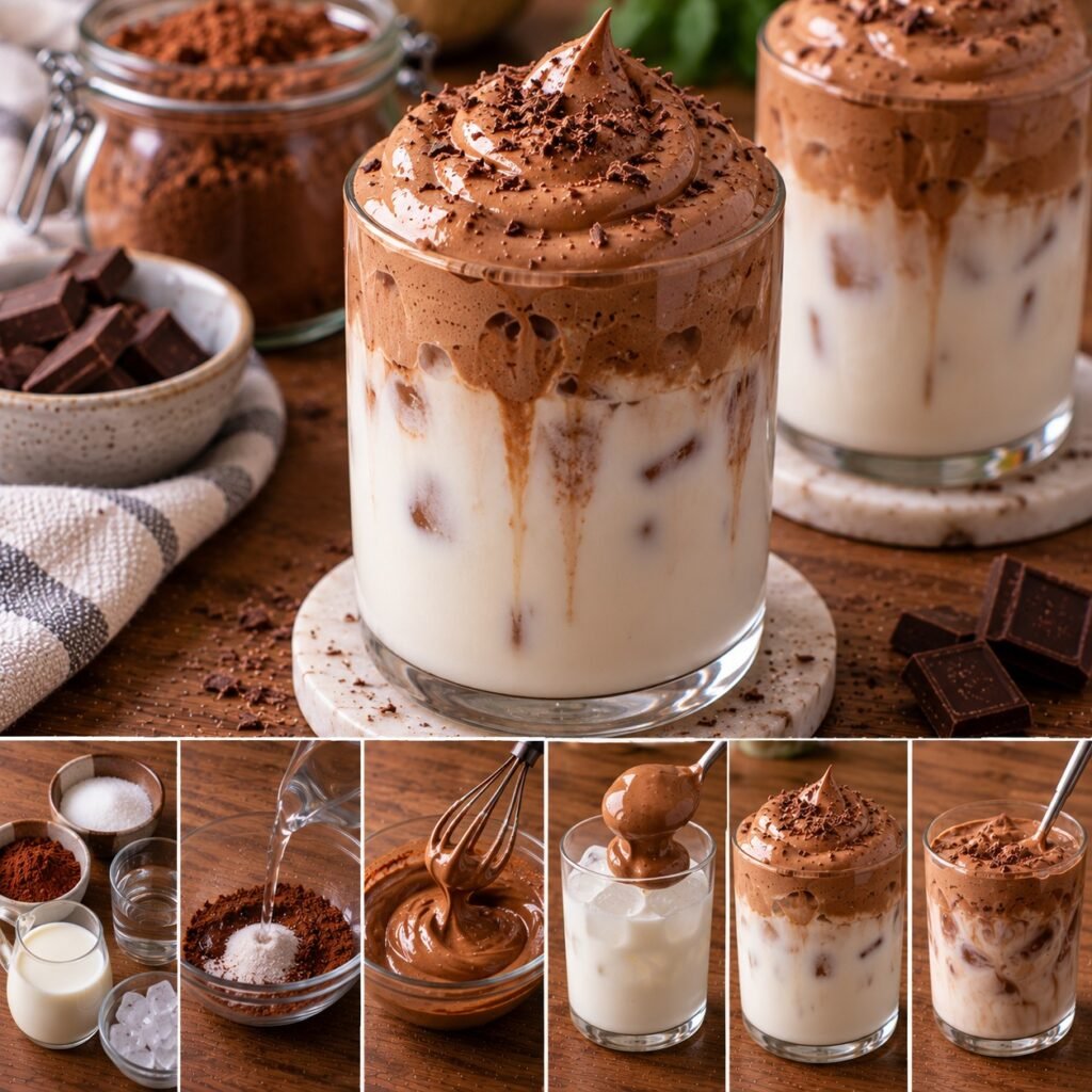 Verre de lait chocolat fouetté servi avec des glaçons, surmonté d’une mousse aérienne au cacao et au sucre, pour une boisson fraîche et crémeuse.