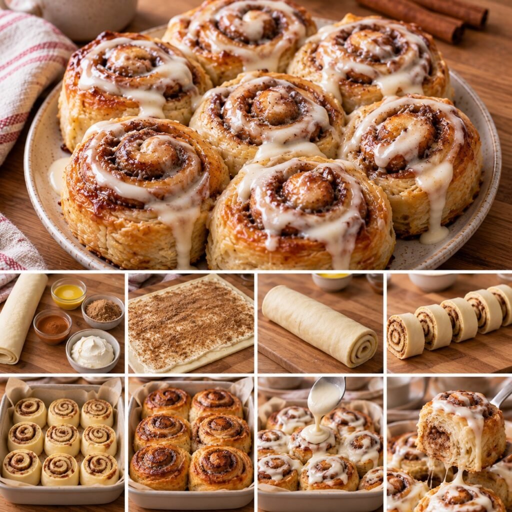 Cinnamon rolls express en pâte feuilletée dorée, garnis de cassonade et de cannelle, puis recouverts d’un glaçage crémeux au fromage frais.