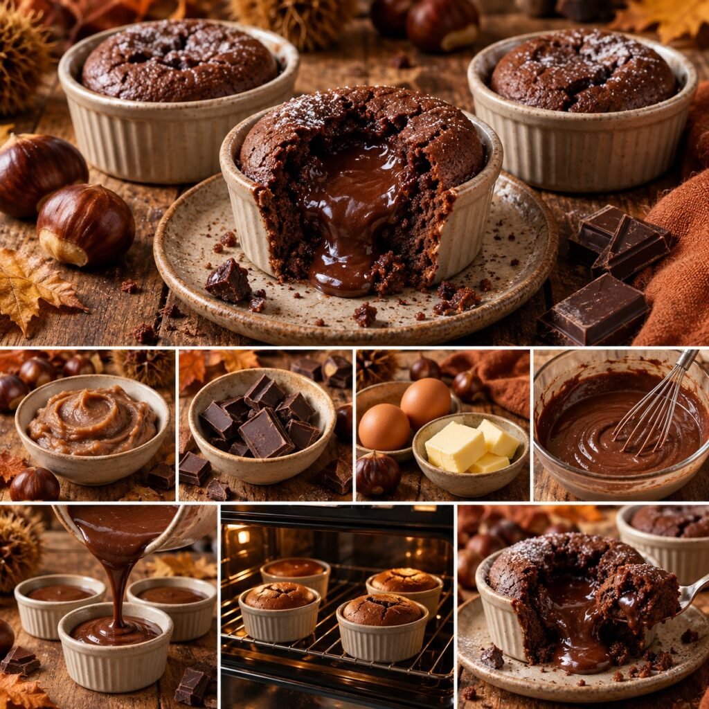 Fondant châtaigne-chocolat individuel au cœur coulant, préparé avec crème de marrons et chocolat noir, servi encore tiède.