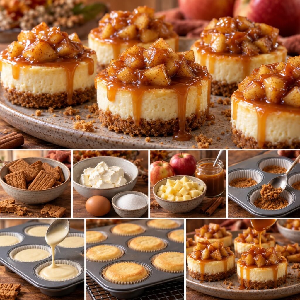 Mini-cheesecakes pomme-caramel individuels avec base biscuitée croustillante, crème au fromage frais, dés de pomme poêlée et filet de caramel.